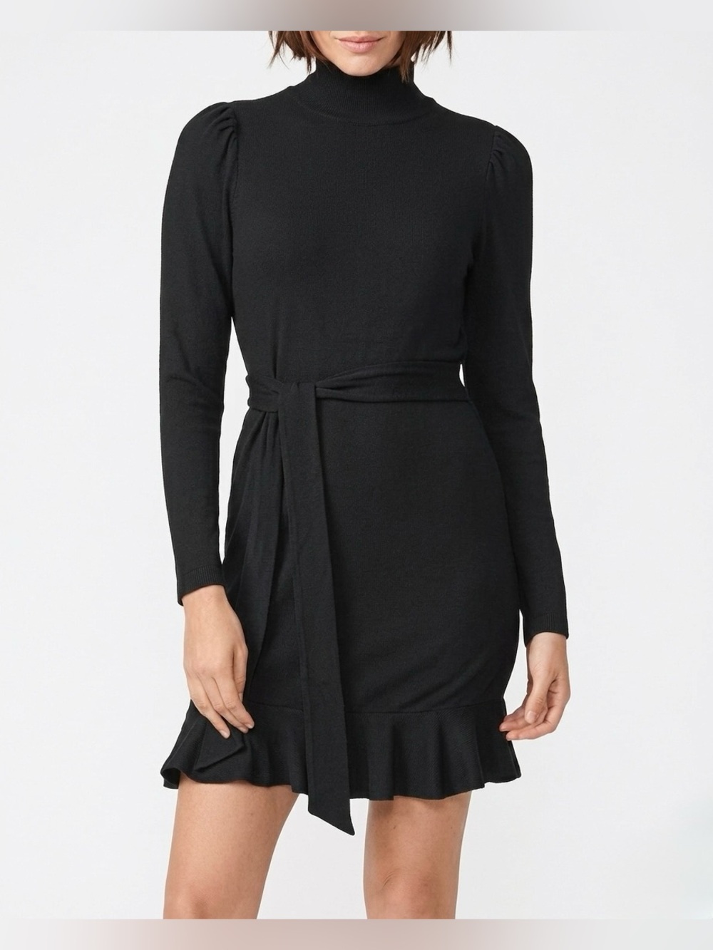 PAIGE Marguerite Black Mock Neck Belted Knit Mini Dress Size L